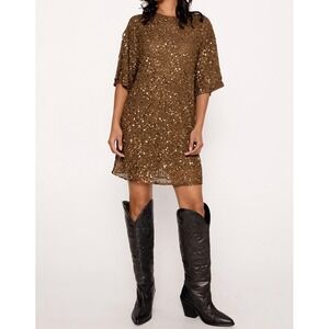 Nasty Gal Bronze Sequin Beaded Mini Dress Brown Short Sleeve Shift US 2
